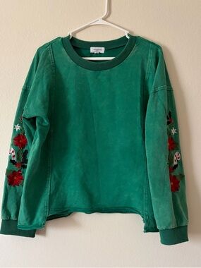 Anniewear Green Embroidered Crewneck Sweater XL Christmas Candycane Poinsettia